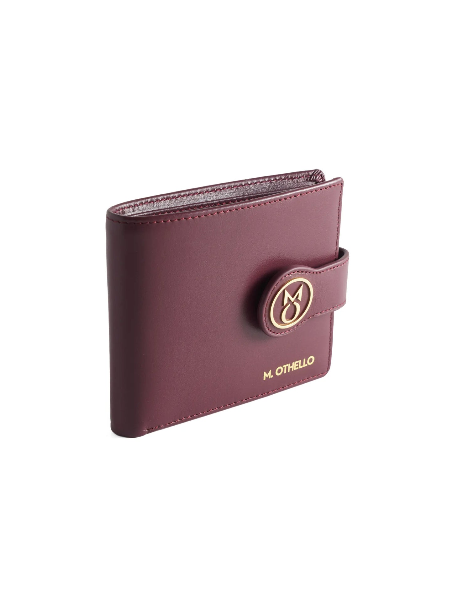 Burgundy leather wallet with 'M. Othello' branding on a light background