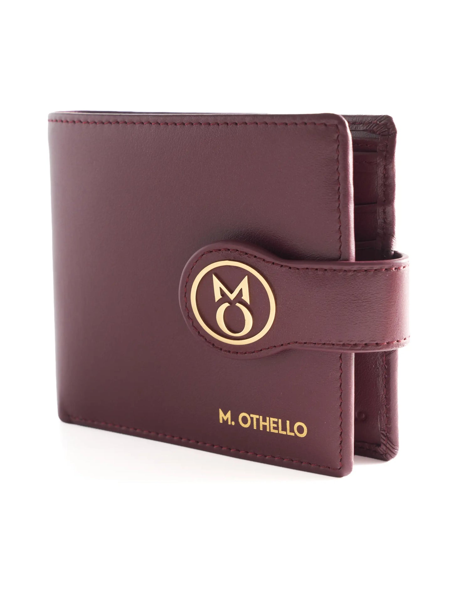 Burgundy leather wallet with 'M. Othello' branding on a light background