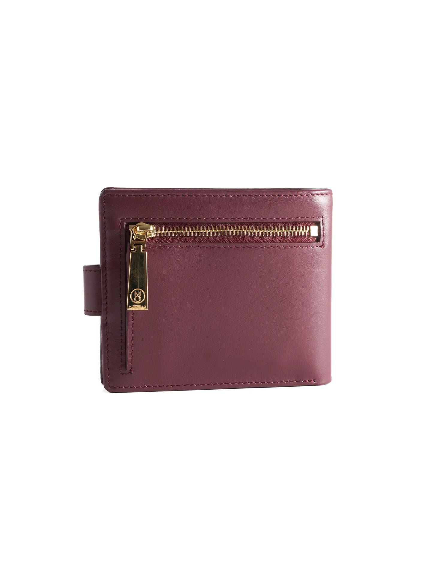 Burgundy leather wallet with 'M. Othello' branding on a light background