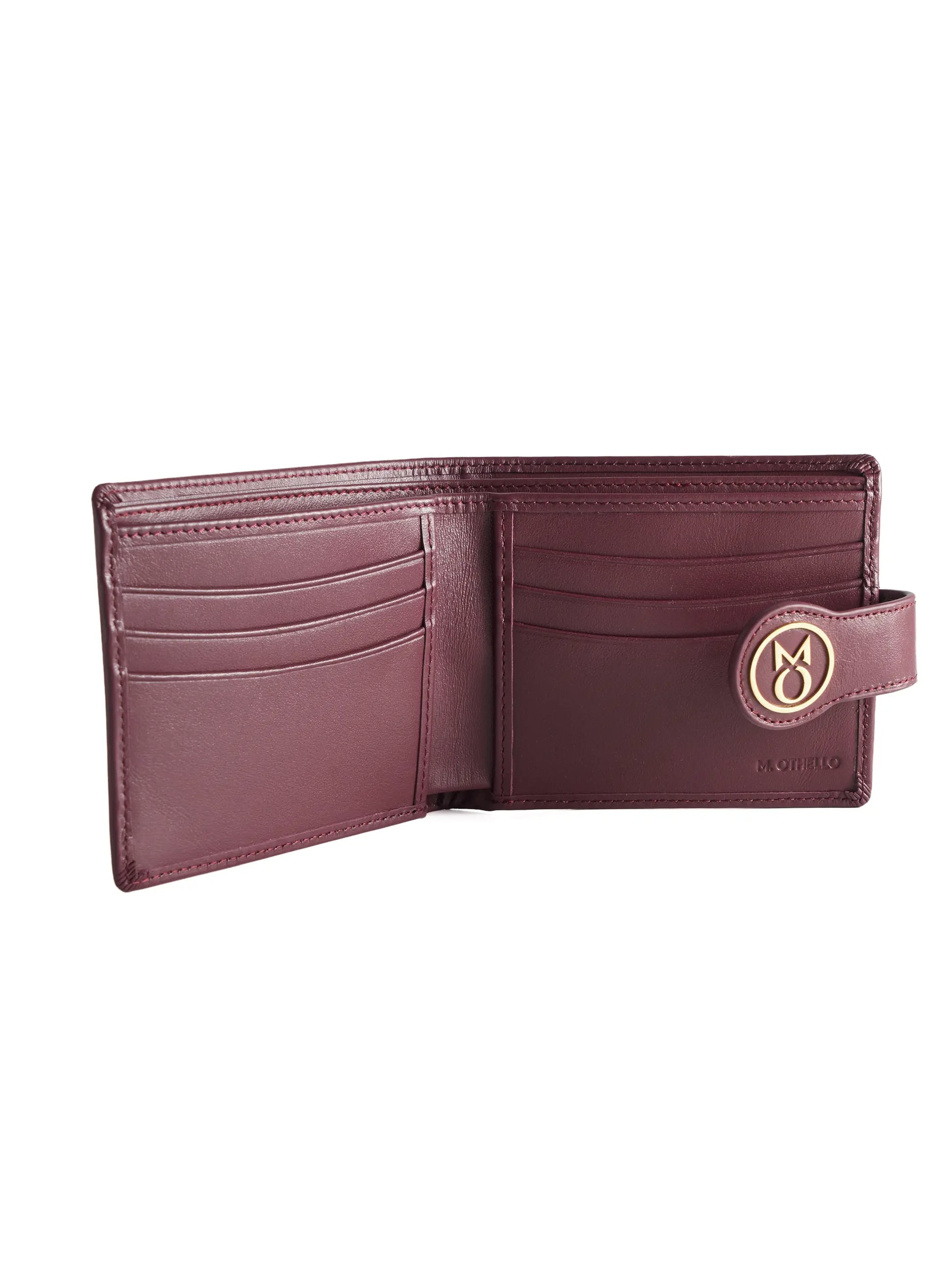 Burgundy leather wallet with 'M. Othello' branding on a light background