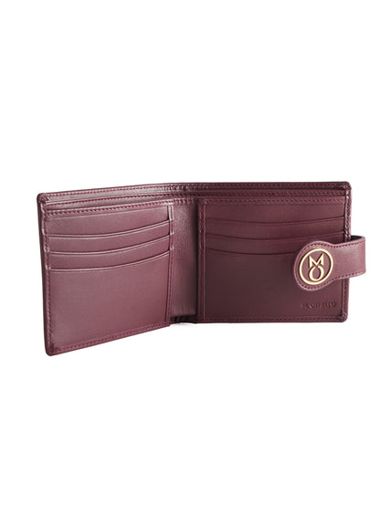 Burgundy leather wallet with 'M. Othello' branding on a light background