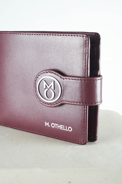 Burgundy bi-fold wallet with brand logo on a light background