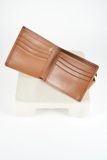 Brown bi-fold wallet with brand logo on a light background