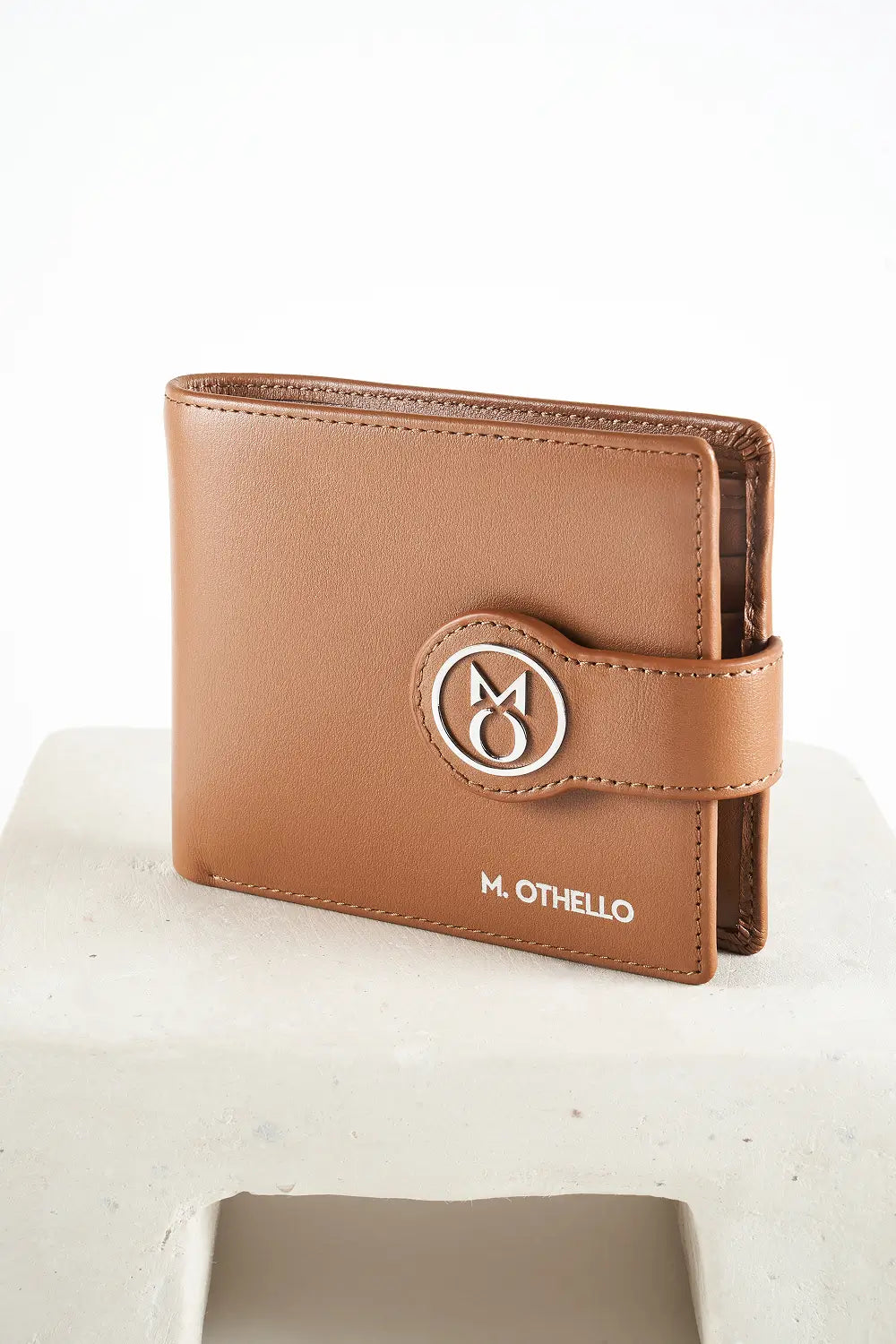Brown bi-fold wallet with brand logo on a light background