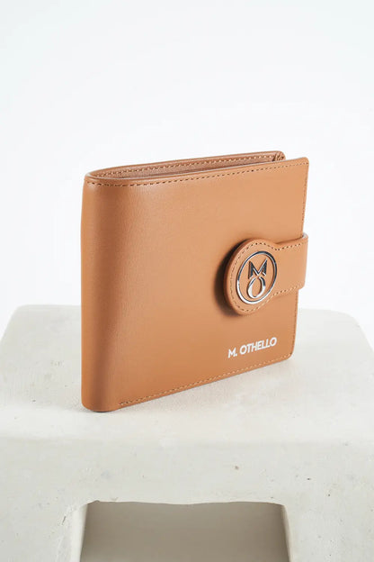 Brown bi-fold wallet with brand logo on a light background
