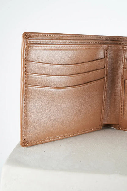Brown bi-fold wallet with brand logo on a light background