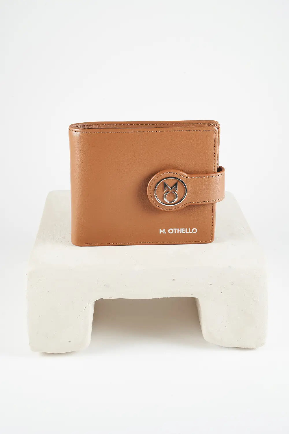 Brown bi-fold wallet with brand logo on a light background
