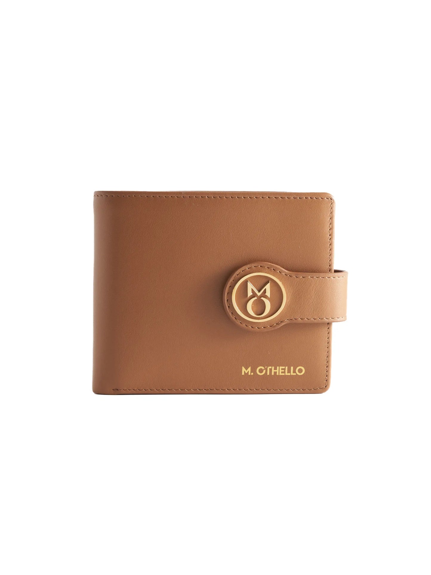 Camel Brown leather wallet with 'M. Othello' branding on a light background