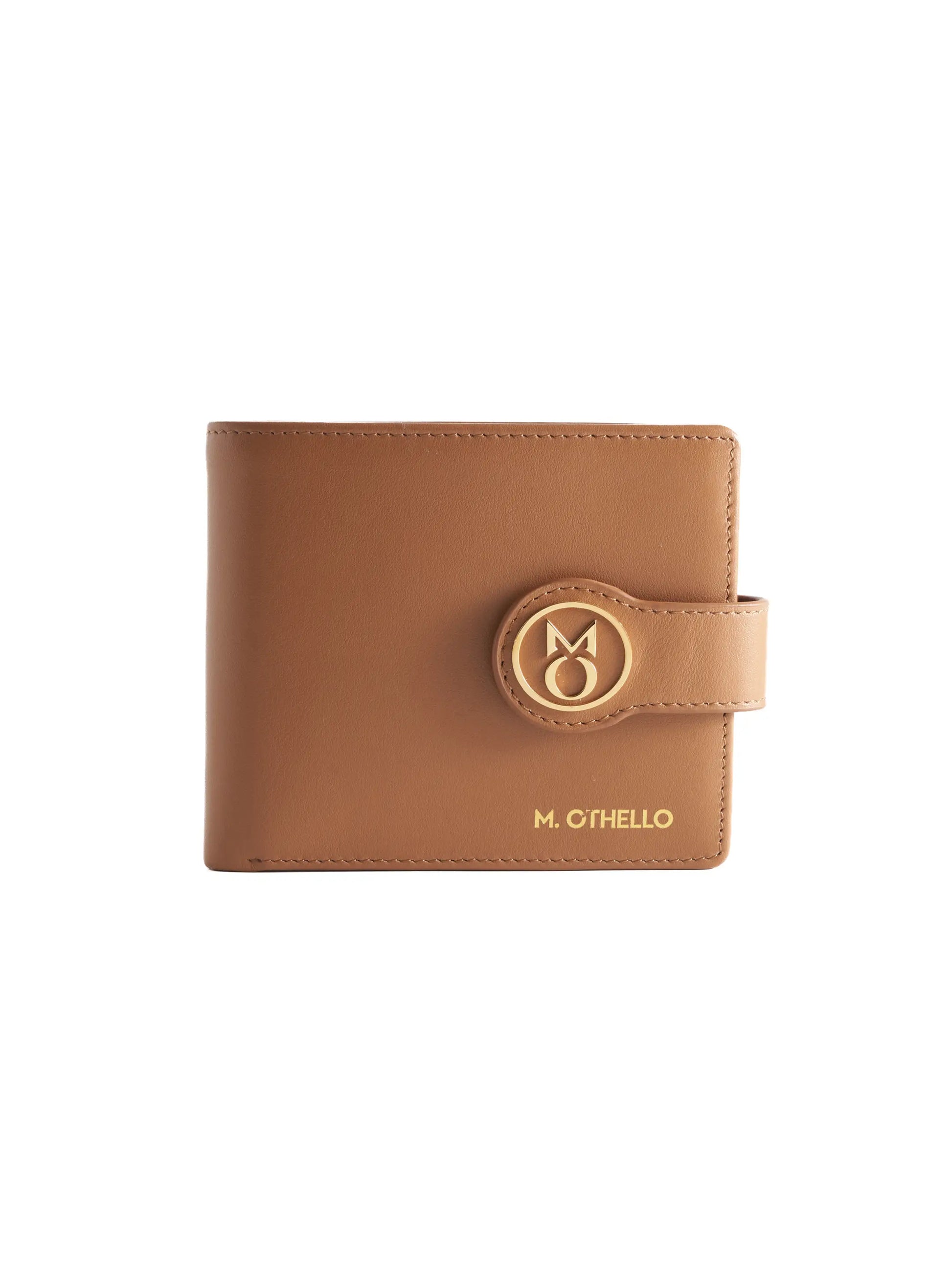 Camel Brown leather wallet with 'M. Othello' branding on a light background