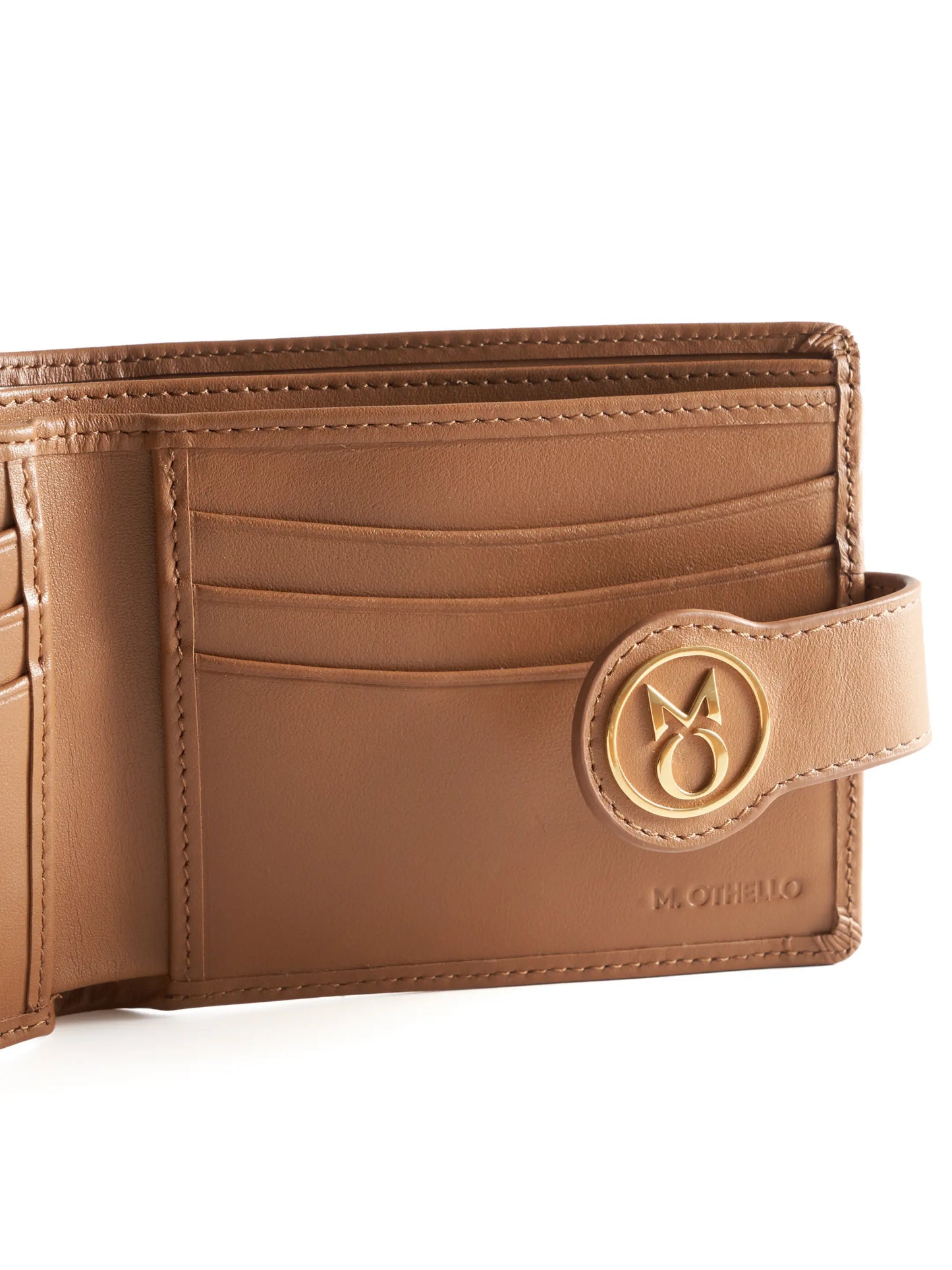 Camel Brown leather wallet with 'M. Othello' branding on a light background