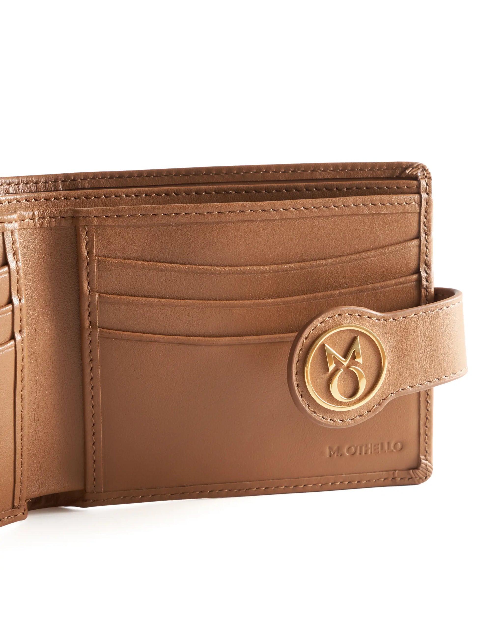 Camel Brown leather wallet with 'M. Othello' branding on a light background