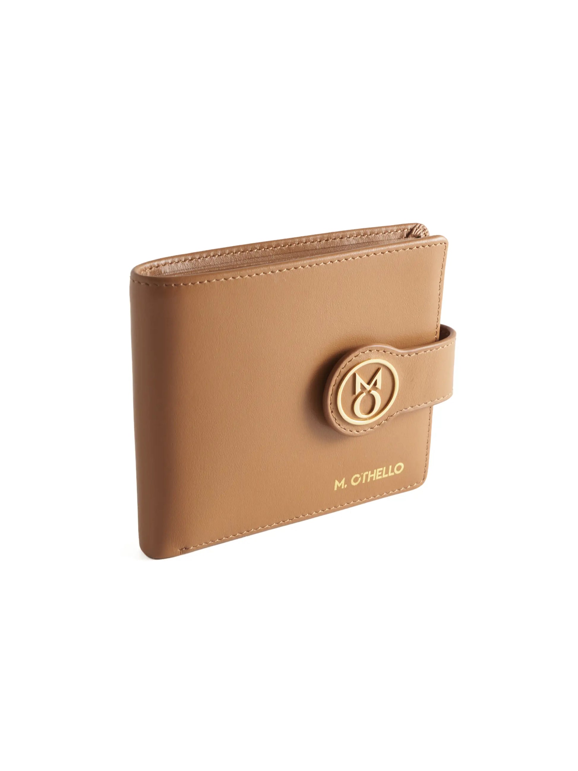 Camel Brown leather wallet with 'M. Othello' branding on a light background