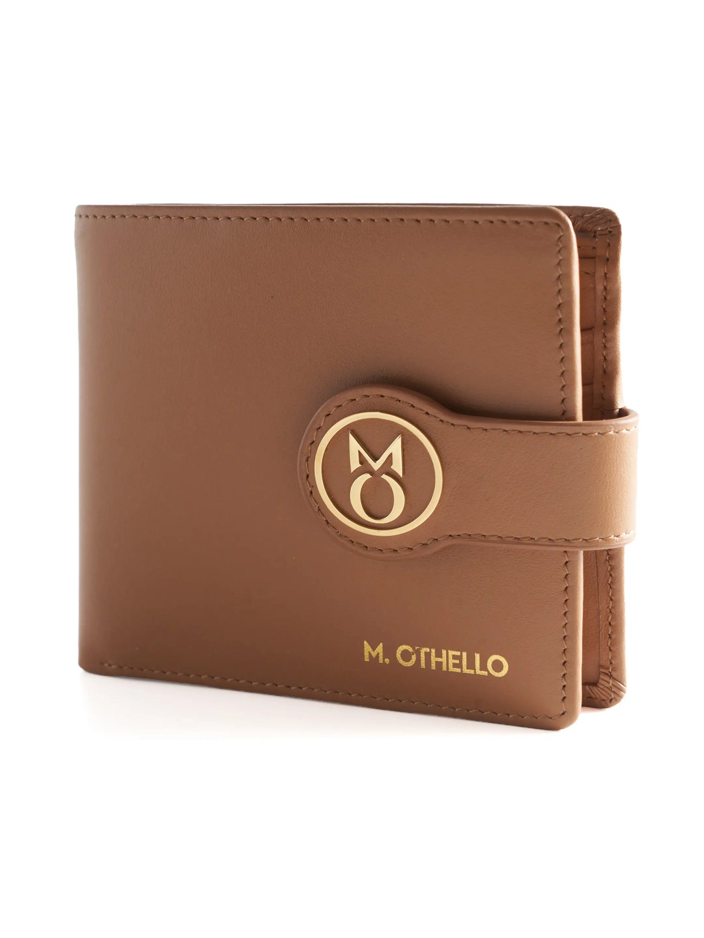 Camel Brown leather wallet with 'M. Othello' branding on a light background