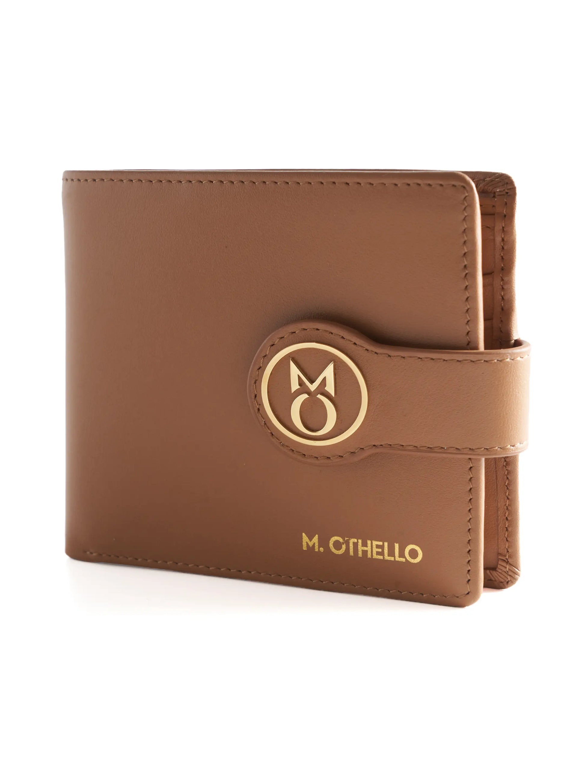 Camel Brown leather wallet with 'M. Othello' branding on a light background