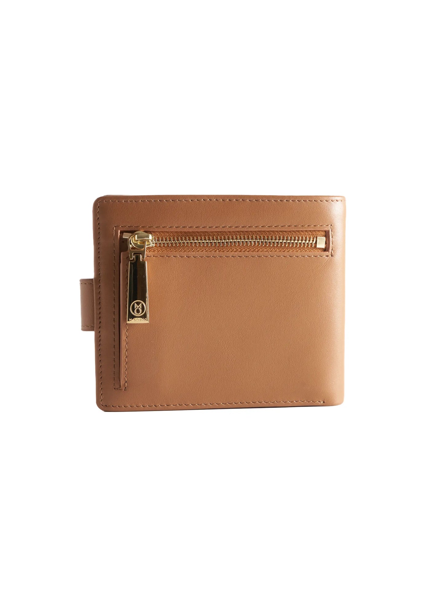 Camel Brown leather wallet with 'M. Othello' branding on a light background