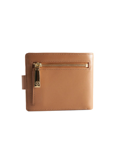 Camel Brown leather wallet with 'M. Othello' branding on a light background