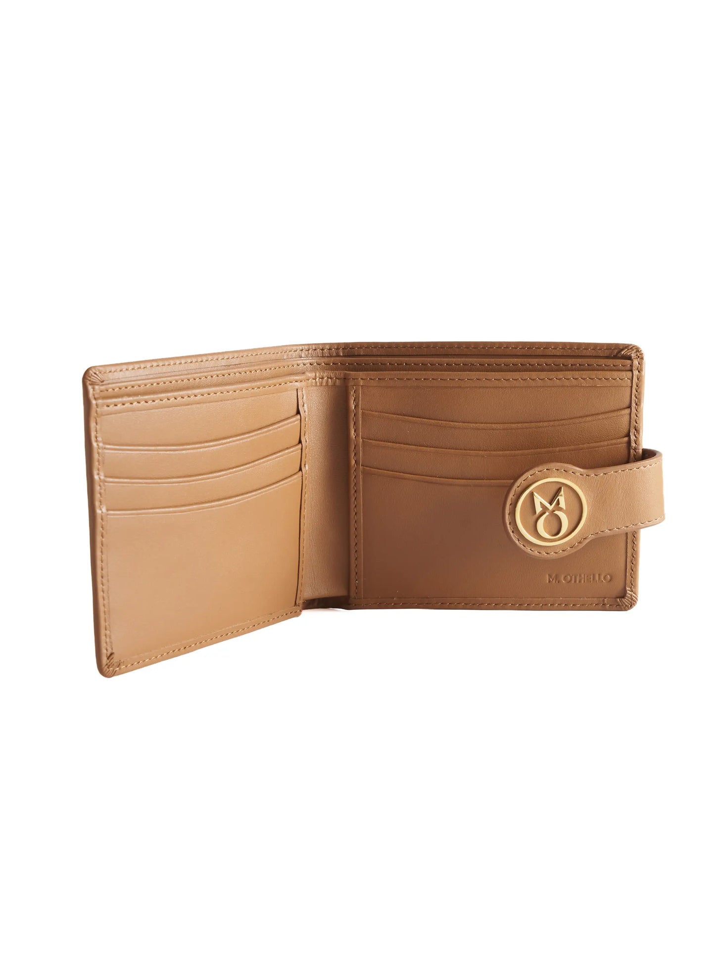 Camel Brown leather wallet with 'M. Othello' branding on a light background