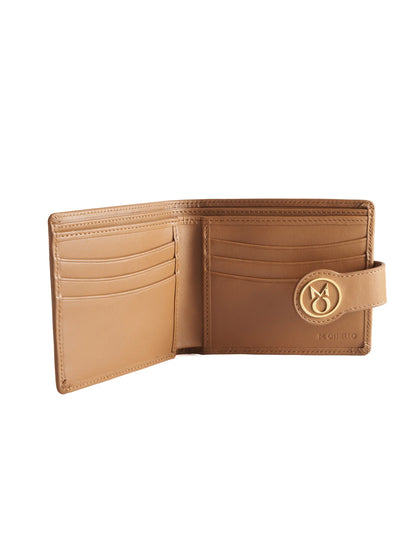 Camel Brown leather wallet with 'M. Othello' branding on a light background