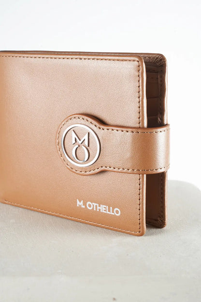 Brown bi-fold wallet with brand logo on a light background