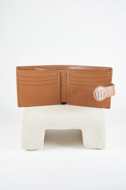 Brown bi-fold wallet with brand logo on a light background