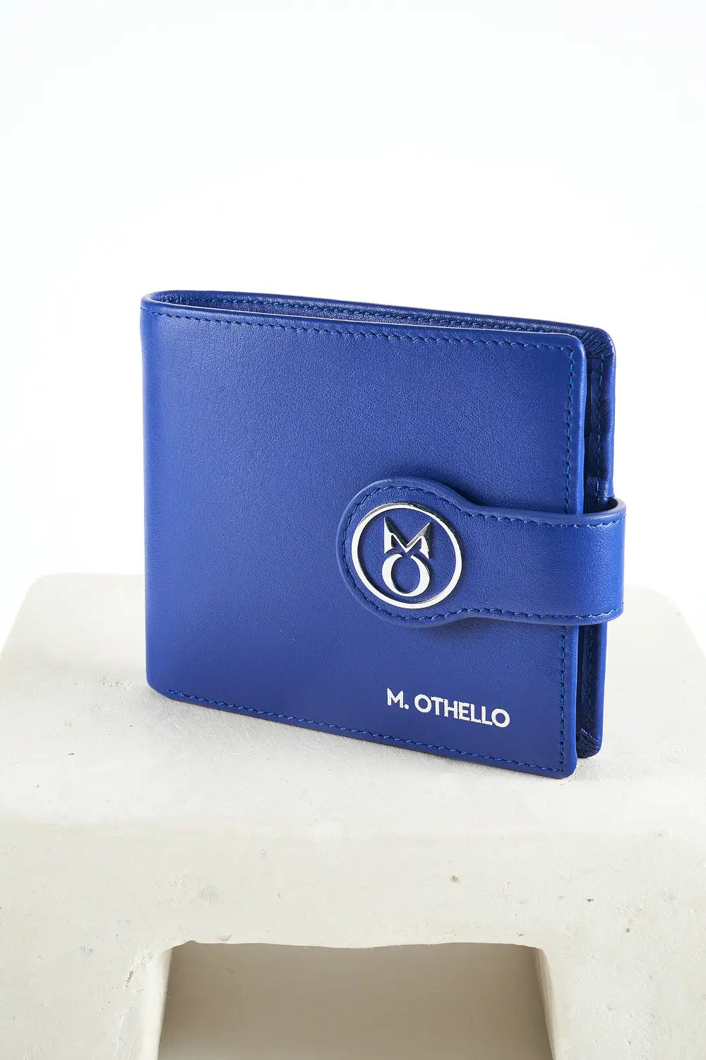 Blue bi-fold wallet with brand logo on a light background