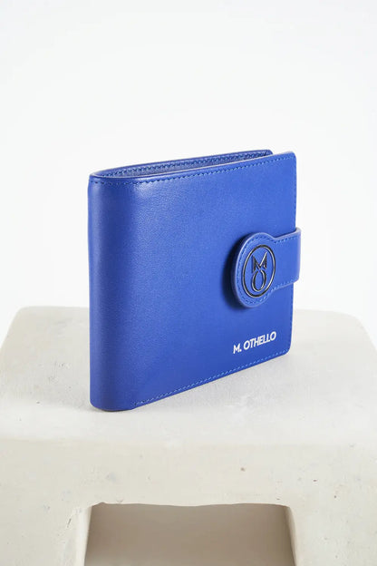 Blue bi-fold wallet with brand logo on a light background
