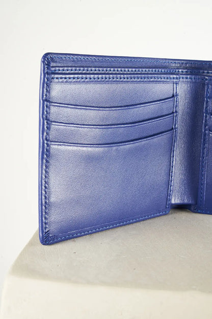 Blue bi-fold wallet with brand logo on a light background