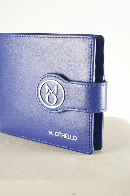 Blue bi-fold wallet with brand logo on a light background