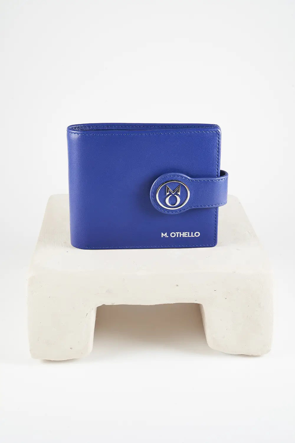 Blue bi-fold wallet with brand logo on a light background