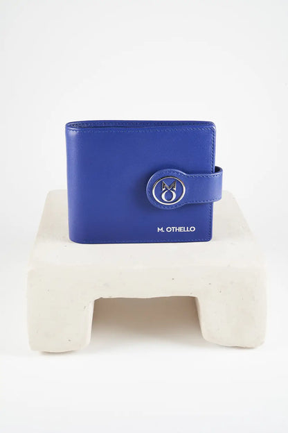Blue bi-fold wallet with brand logo on a light background