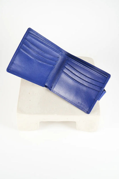 Blue bi-fold wallet with brand logo on a light background
