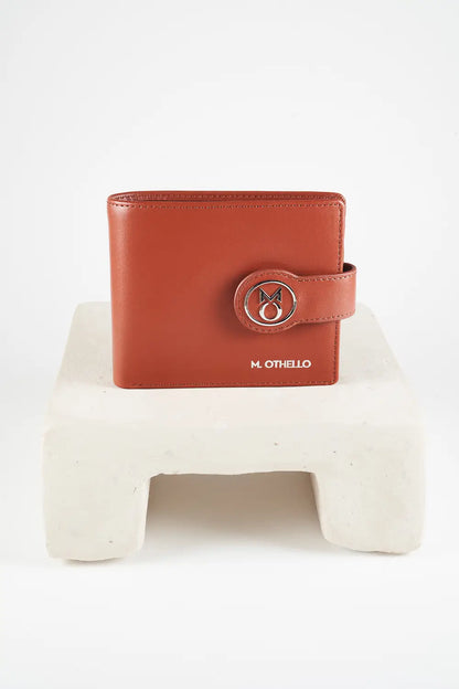 Brown bi-fold wallet with brand logo on a light background