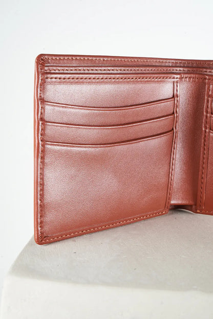 Brown bi-fold wallet with brand logo on a light background