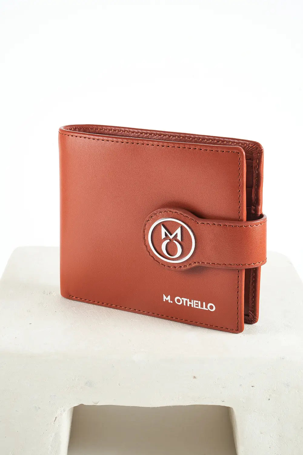 Brown bi-fold wallet with brand logo on a light background