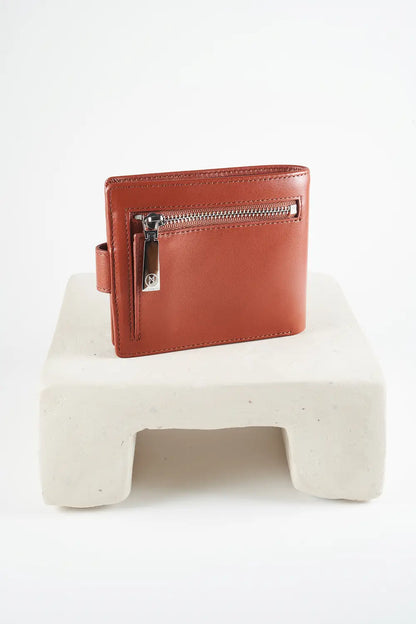 Brown bi-fold wallet with brand logo on a light background