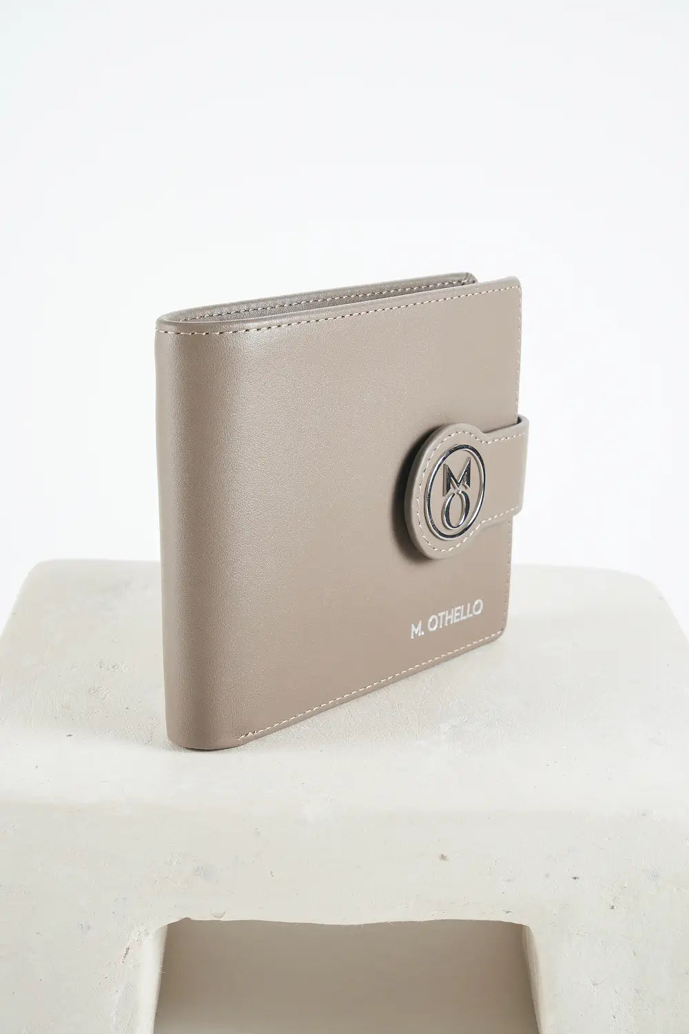 Gray bi-fold wallet with brand logo on a light background