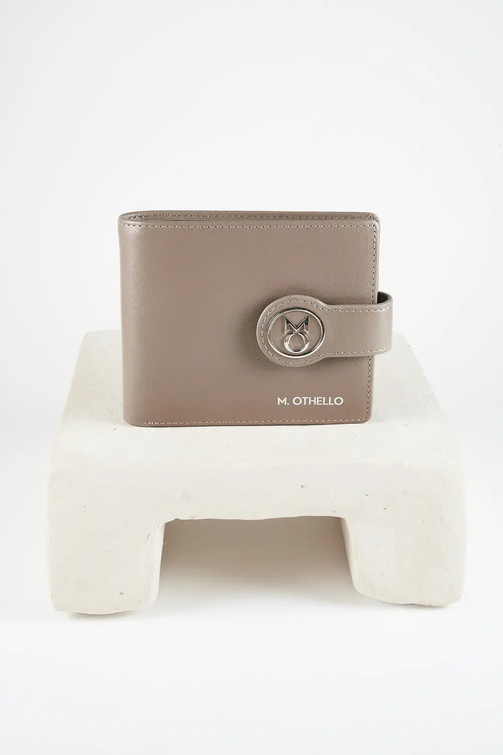 Gray bi-fold wallet with brand logo on a light background