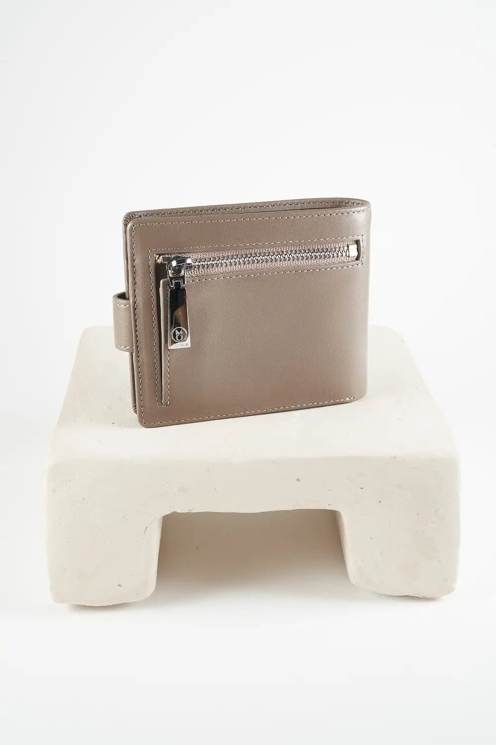 Gray bi-fold wallet with brand logo on a light background