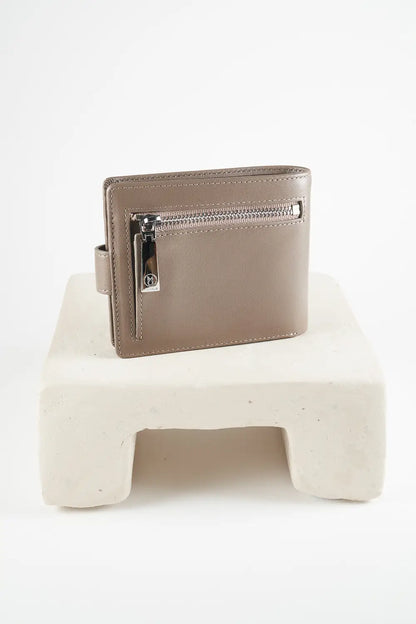 Gray bi-fold wallet with brand logo on a light background