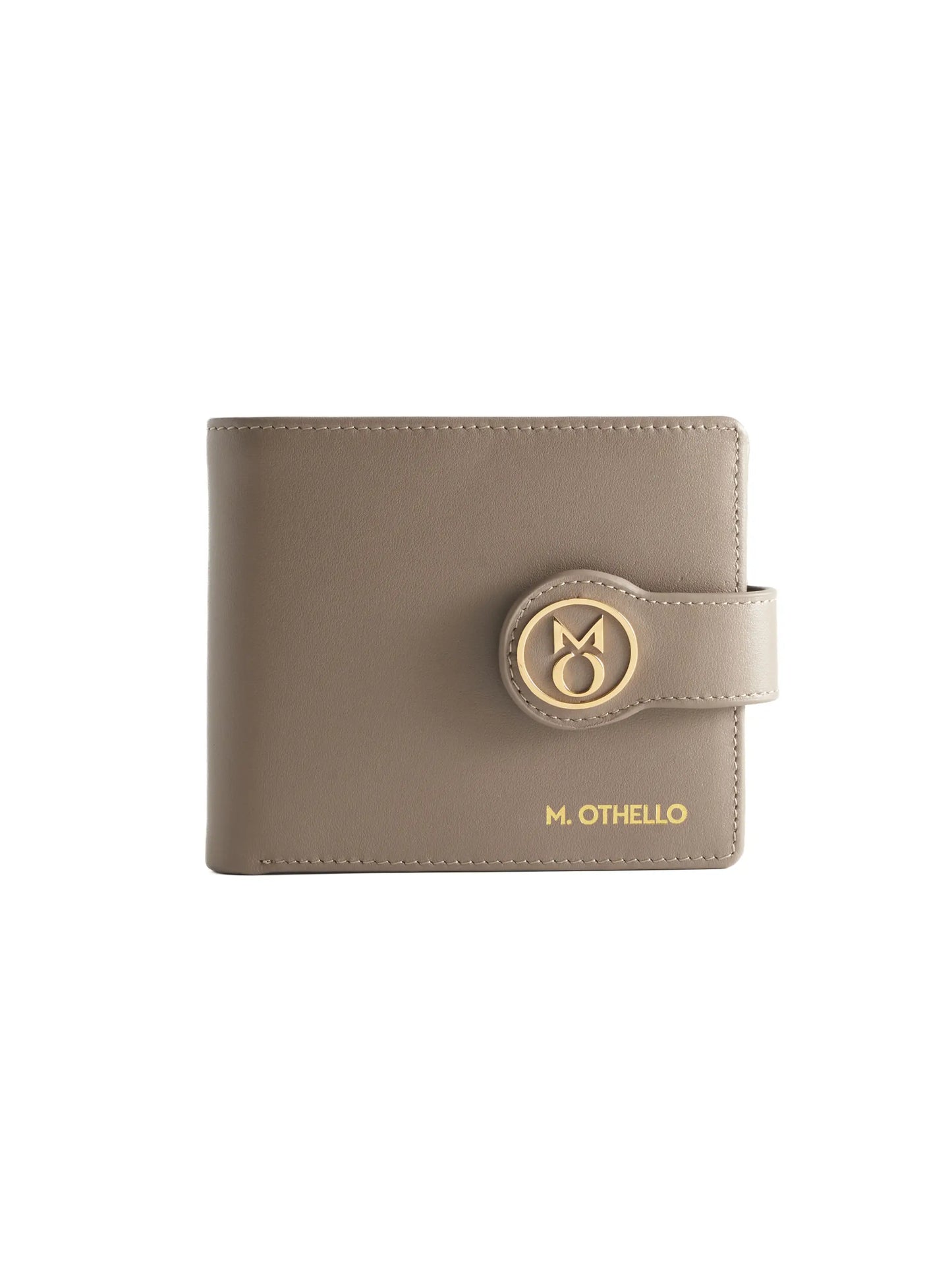 Stone Gray leather wallet with 'M. Othello' branding on a light background