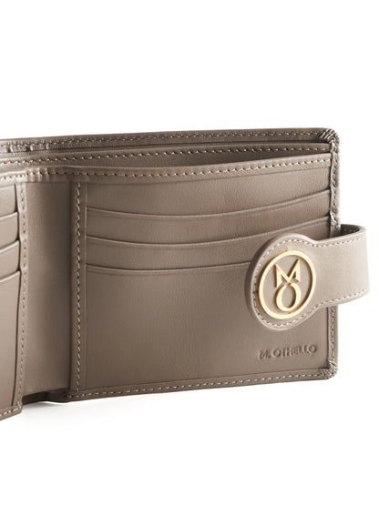 Stone Gray leather wallet with 'M. Othello' branding on a light background