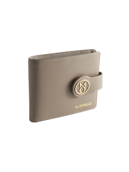 Stone Gray leather wallet with 'M. Othello' branding on a light background