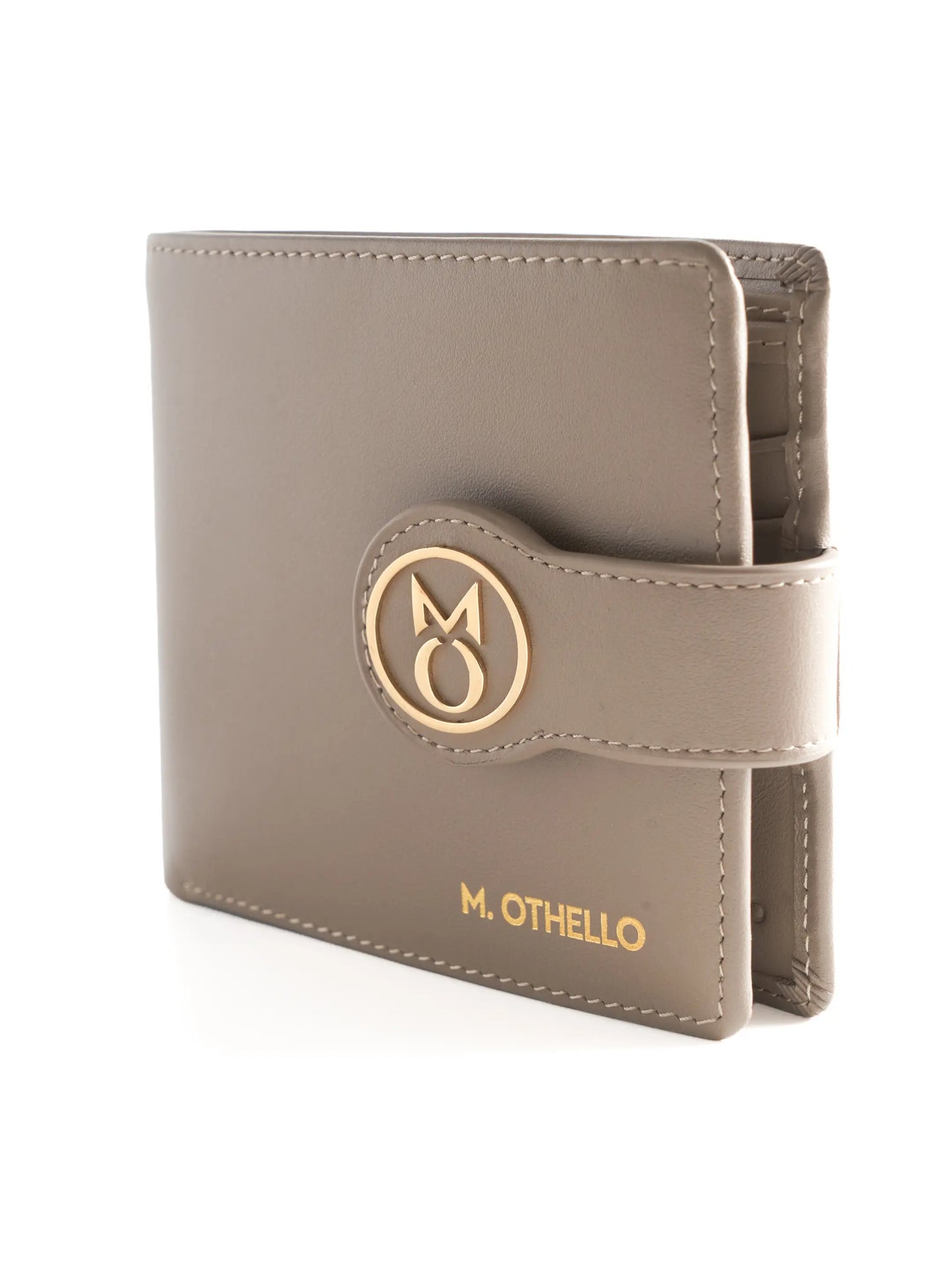 Stone Gray leather wallet with 'M. Othello' branding on a light background