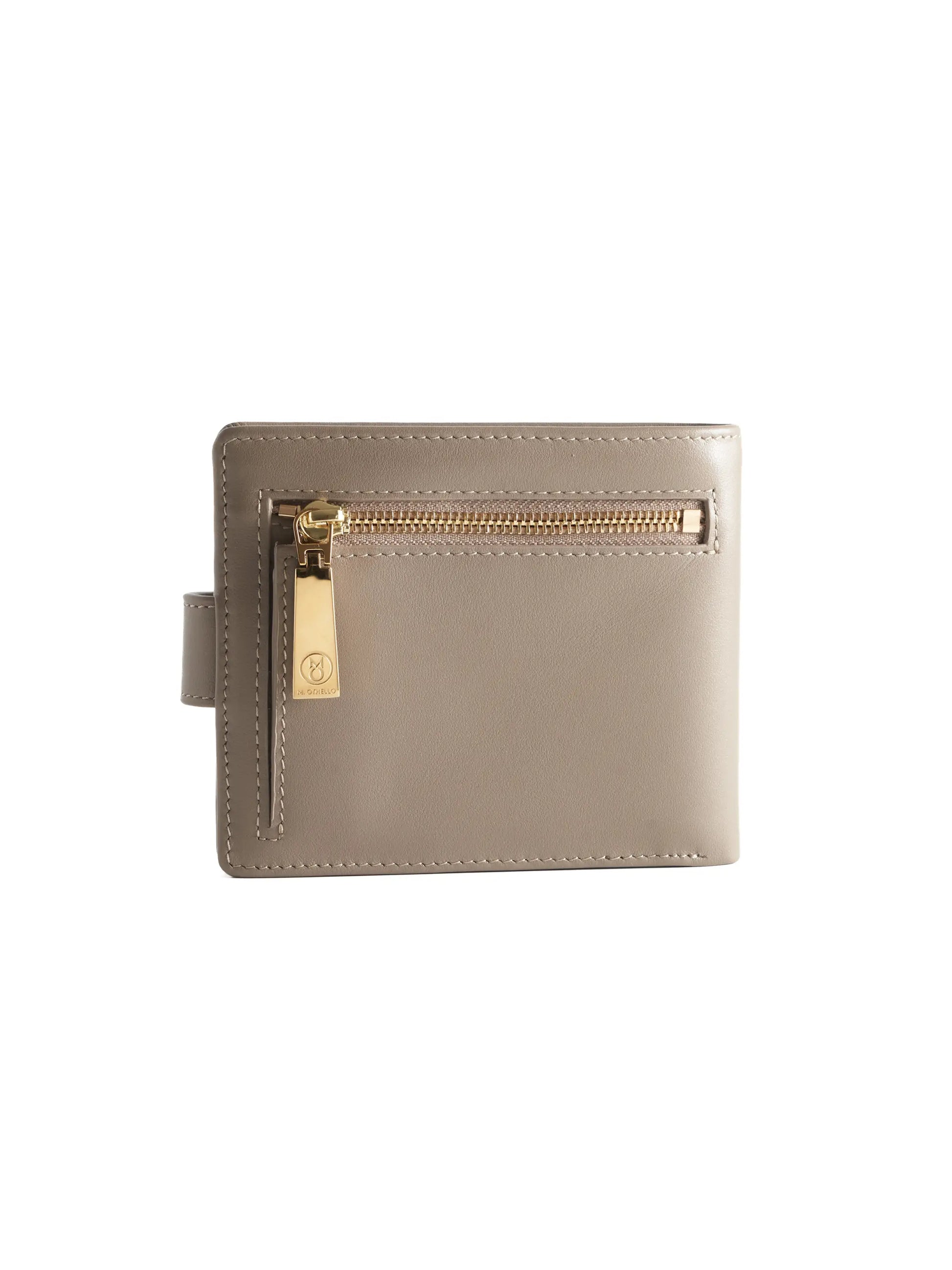 Stone Gray leather wallet with 'M. Othello' branding on a light background