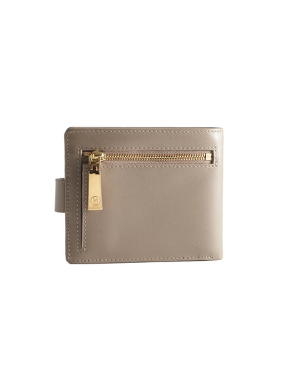 Stone Gray leather wallet with 'M. Othello' branding on a light background