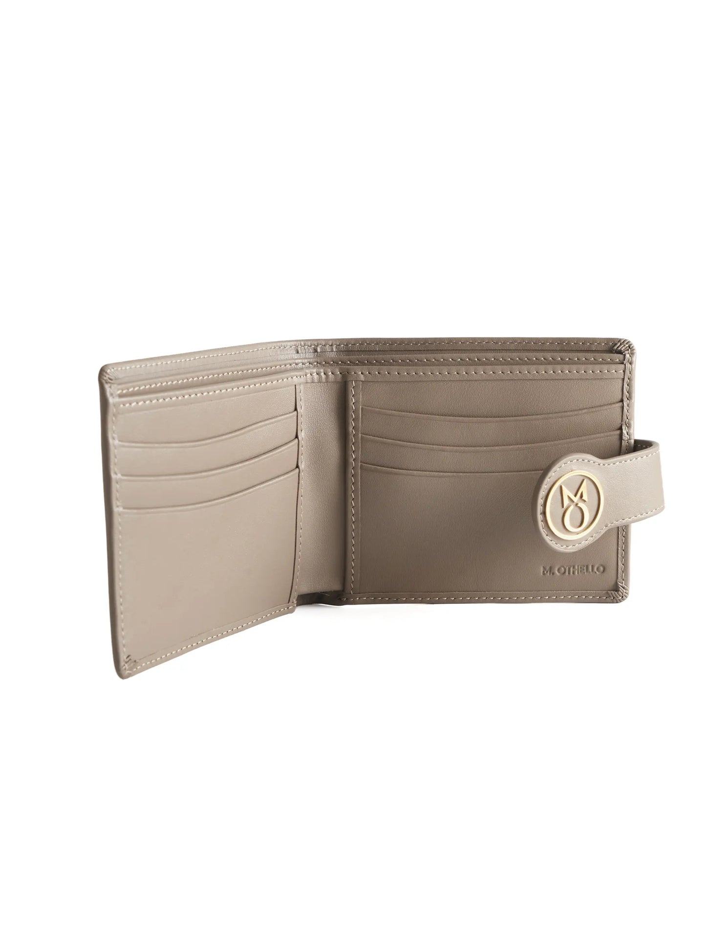 Stone Gray leather wallet with 'M. Othello' branding on a light background