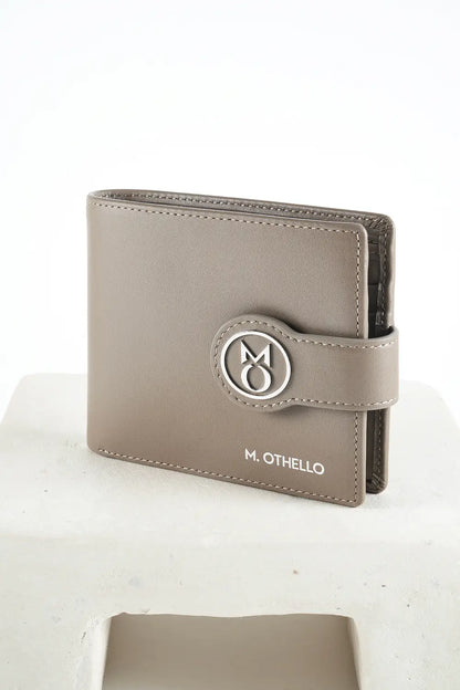 Gray bi-fold wallet with brand logo on a light background