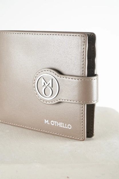 Gray bi-fold wallet with brand logo on a light background