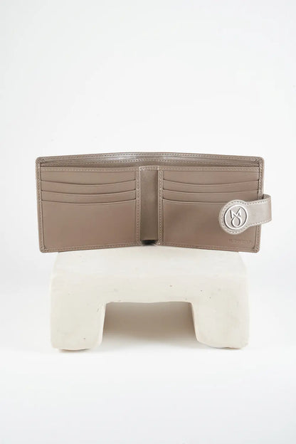 Gray bi-fold wallet with brand logo on a light background