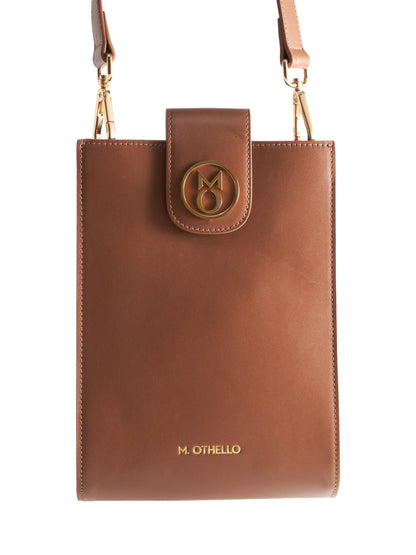 Chocolate Brown Crossbody Bag with 'M. Othello' branding on a light background